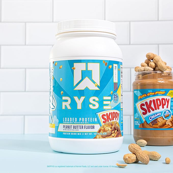Ryse Loaded Protein Powder - Skippy Peanut Butter - 25g Whey Protein Isolate & Concentrate with Prebiotic Fiber & MCTs - Low Carb, Low Sugar, Digestive-Friendly - 27 Servings / 2 lb Tub