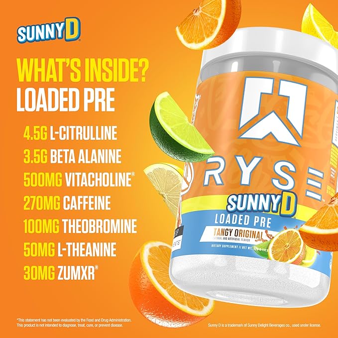 RYSE Loaded Pre Workout Powder - SunnyD Tangy Original - Daily Pre-Workout for Men & Women with 300mg Caffeine, Beta Alanine, and Citrulline for Pump, Focus, and Energy - 30 Servings