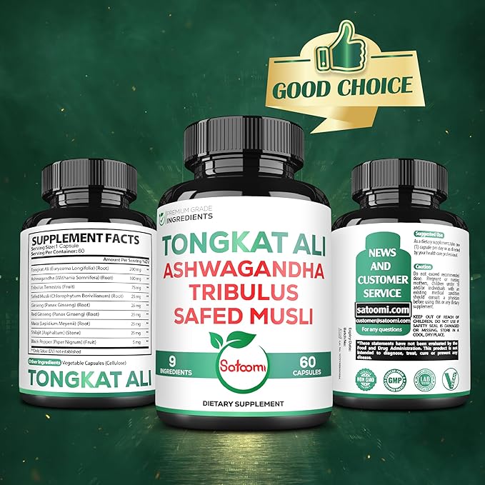 Satoomi Tongkat Ali Root Extract 200:1-9 Essential Herbs with Ashwagandha, Tribulus Terrestris & More - Support Strength, Energy and Healthy Immune - 60 Vegan Caps 2 Month Supply