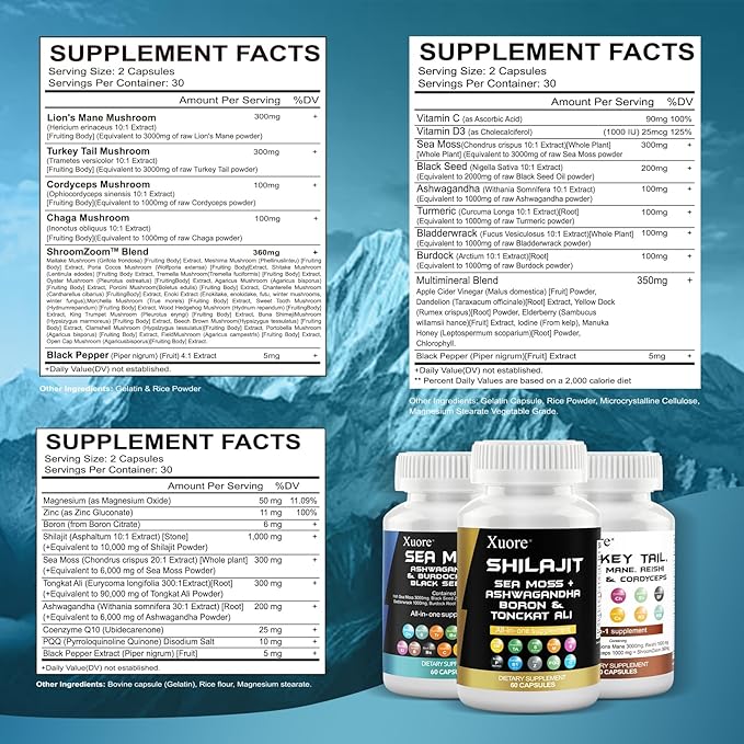 Sea Moss, Black Seed Oil, Ashwagandha, Ginger & Shilajit, Rhodiola Rosea, Panax Ginseng,Lions Mane, Turkey Tail, Reishi, Cordyceps, Chaga All in 1 Supplements (1 Pack)