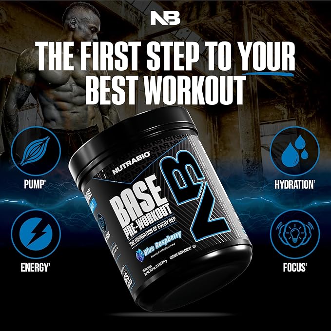 NutraBio Base Pre-Workout Powder 200mg Caffiene, Sustained Energy, Focus, Endurance, Pump, Sugar Free, Clean Preworkout for Men and Women - Beta Alanine, L-Tyrosine, 30 Servings - Blue Raspberry