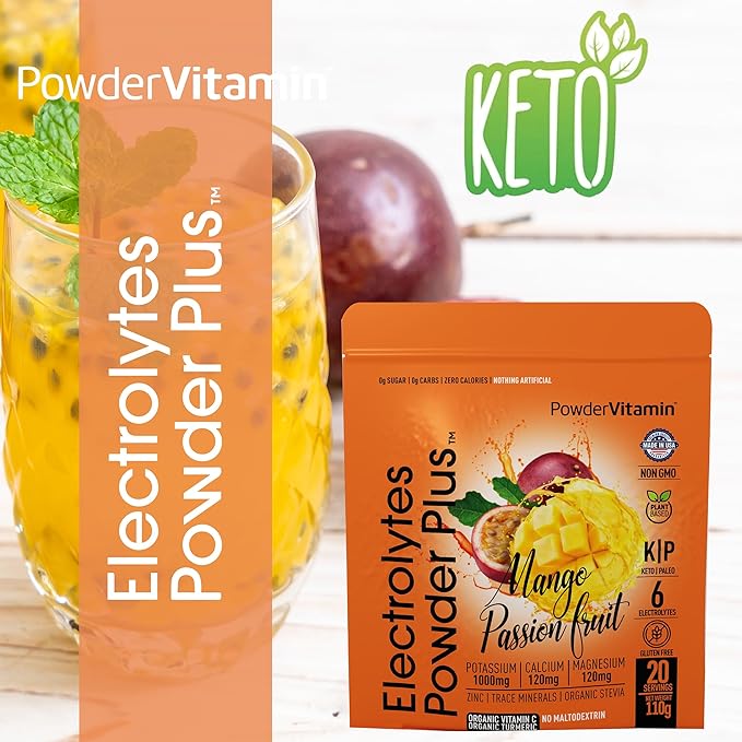 Electrolytes Powder Plus (20 Servings) Mango Passionfruit Electrolyte Powder Zero Calorie Keto,0 Sugar,No Maltodextrin,1000mg Potassium,120mg Calcium,120mg Magnesium, Pink Himalayan Salt