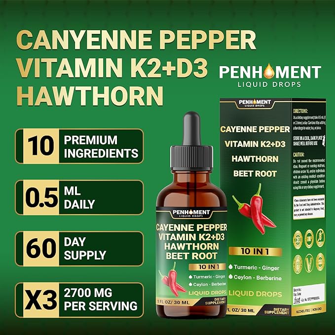 10in1 Cayenne Pepper Liquid Drops with Hawthorn Berry, Vitamin D3, Vitamin K2, Beet Root, Turmeric, Ginger and More - Digestion Support - 1 Fl Oz - 2 Months Supply
