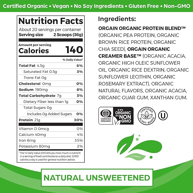 Orgain Organic Unflavored Vegan Protein Powder, Natural Unsweetened - 21g of Plant Based Protein, Non Dairy, Gluten Free, No Sugar Added, Soy Free, Non-GMO, 1.59 lb (Packaging May Vary)