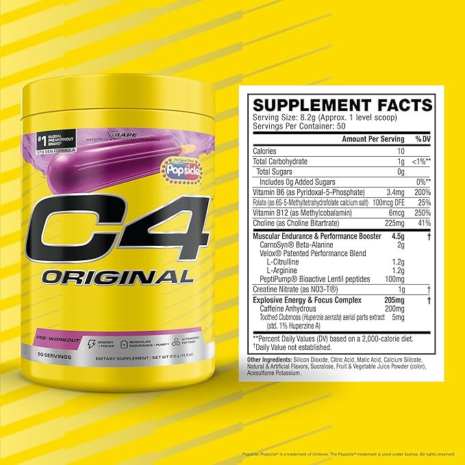 C4 Original Pre Workout – POPSICLE Grape - Pre-Workout for Endurance, Focus & Performance with 200mg Caffeine, Beta-Alanine, Creatine Nitrate, L-Arginine & PeptiPump – Sugar Free, 50 Servings