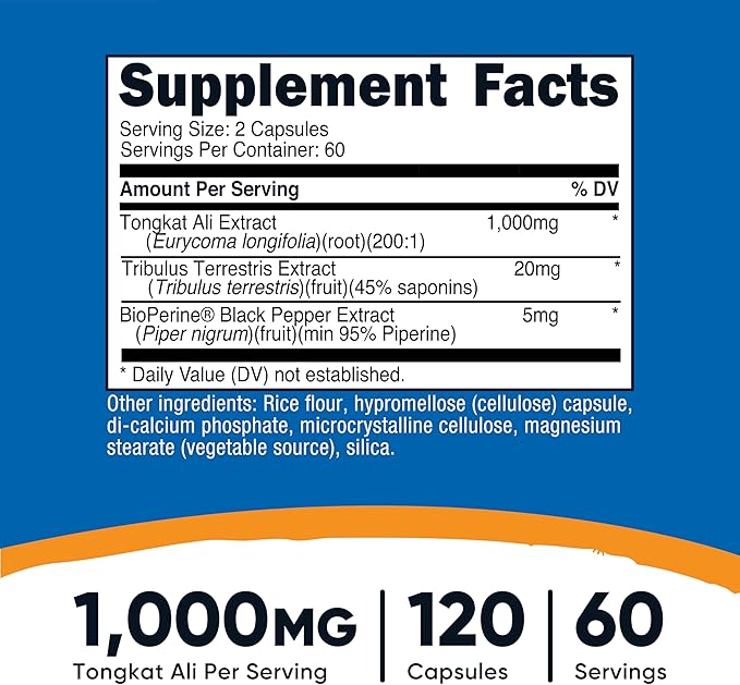 Nutricost Tongkat Ali 1,000mg 120 Capsules - with Tribulus Terrestris and BioPerine, Vegetarian Caps, Non-GMO, Gluten Free, Potent Extract