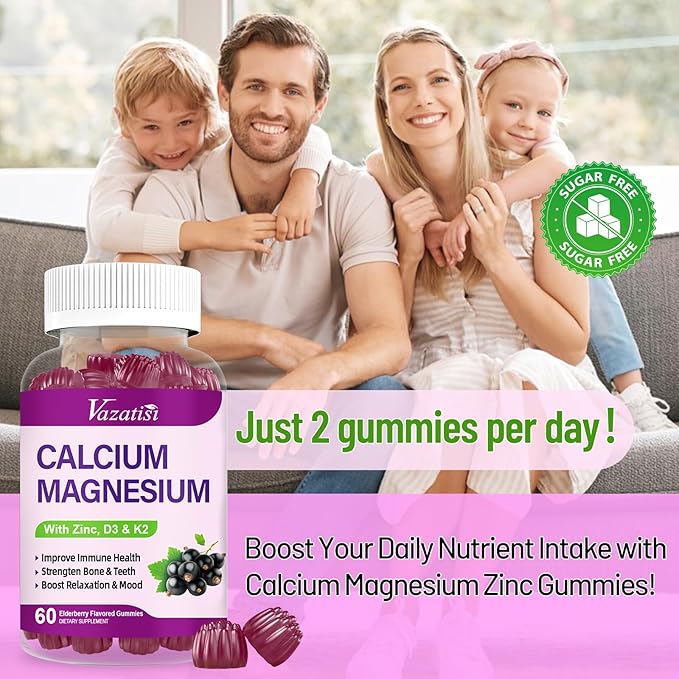 Calcium Magnesium Zinc Gummies with Vitamin D3 and K2, High Absorption Magnesium Glycinate Potassium for Immune and Muscles, Vegan Elderberry Flavor 60 Gummies