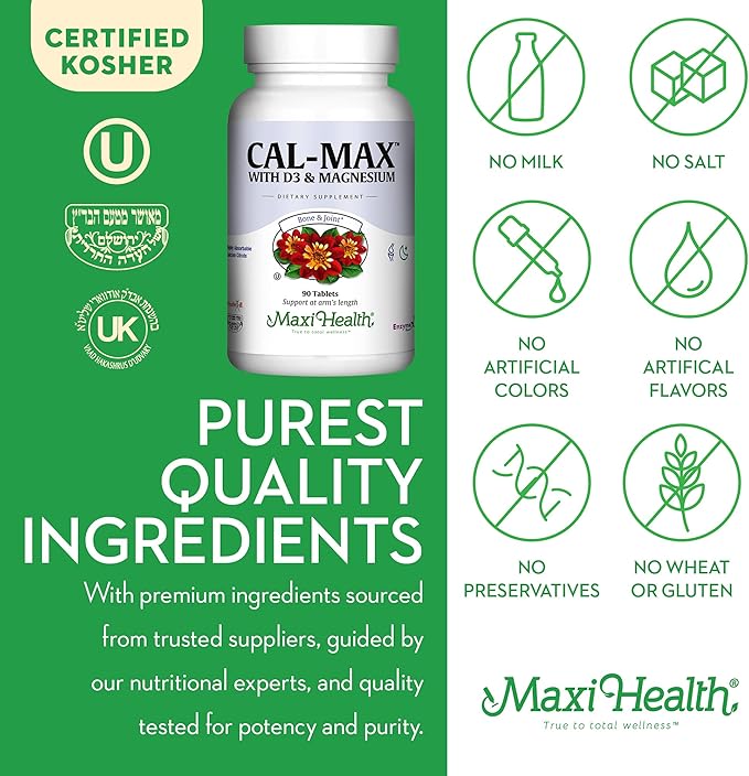 Maxi Health Calcium Magnesium Supplement with Vitamin D3 and Boron - Kosher Bone Health & Nighttime Formula, Calcium Citrate CalMag & Vitamin D (90 Tablets)