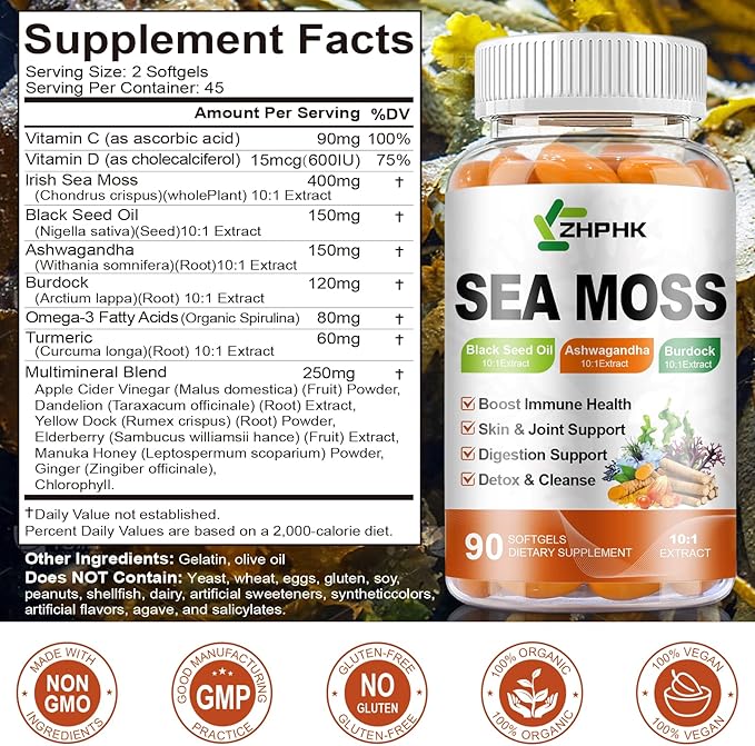 Organic Sea Moss Softgels with Black Seed Oil, Ashwagandha, Burdock, Turmeric, Elderberry, Omega 3 for Immune System, Skin, Joint, Energy, Gut Support 90-Count, 45 Days Supply