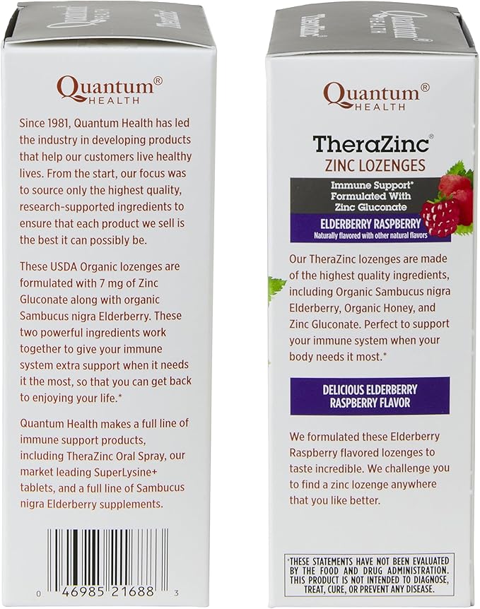 Quantum Health TheraZinc Organic Zinc Lozenges Elderberry Sambucus Raspberry & Honey Immune Support for Adults & Kids 12+ Naturally Flavored Fast Relief with No Aftertaste - 25 Count