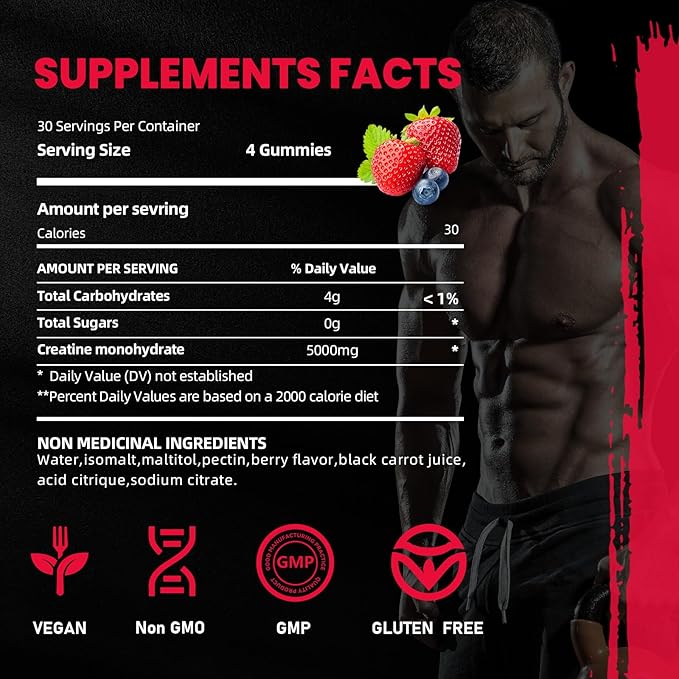 Creatine Monohydrate Gummies 5000mg for Men & Women, 120 Count Creatine for Enhanced Muscle Growth, Strength, and Recovery, Sugar Free Pre-Workout Supplement-Mixedberry Flavor 120 Count (Pack of 2)