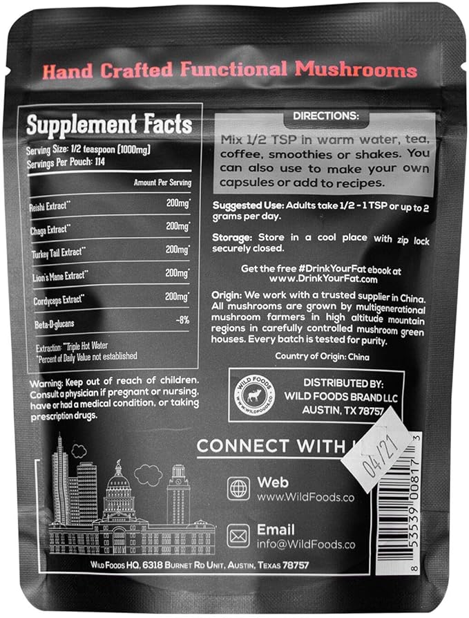 Wild Foods Wild Mushroom Blend-Supercharged Reishi, Chaga, Cordyceps, Turkey Tail and Lion’s Mane - 8Oz Pack Adaptogenic Stress Reducer for Increased Mental Clarity - Nootropic Liquid Blend for Coffee