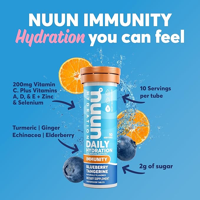 Nuun Immunity Electrolyte Tablets with Vitamin D, C, E, & A, Ginger, Elderberry, Magnesium & 4 Other Essential Electrolytes, Vegan, Blueberry Tangerine & Orange Citrus, 4 Pack (40 Servings Total)