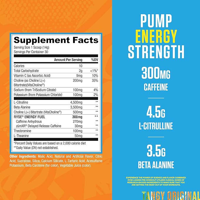 Ryse Loaded Pre Workout Powder - SunnyD Tangy Original - Daily Pre-Workout for Men & Women with 300mg Caffeine, Beta Alanine, and Citrulline for Pump, Focus, and Energy - 30 Servings