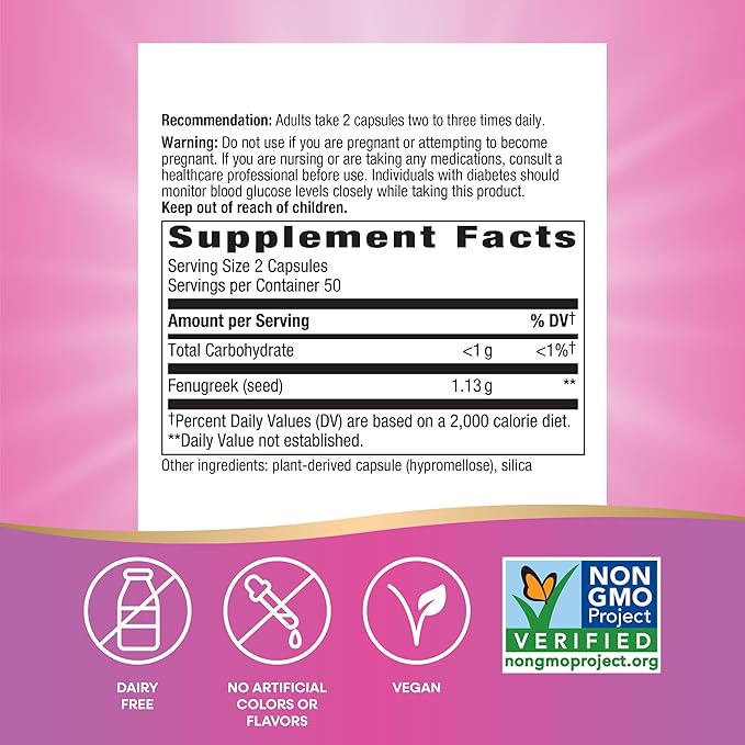 Nature's Way Fenugreek Seed, Traditional Lactation/Breastfeeding Support*, Non-GMO Project Verified, Vegan, 100 Capsules