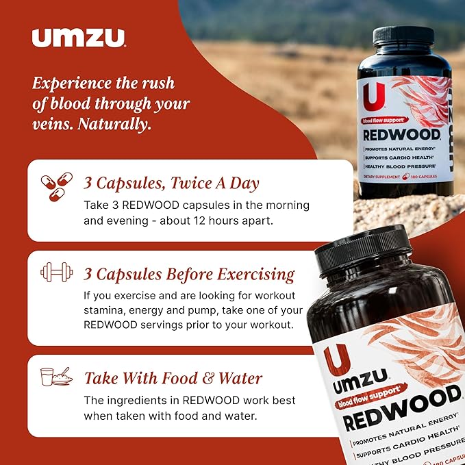UMZU Redwood Blood Flow Nitric Oxide Supplement for Men & Women, Blood Pressure, Circulation, Stamina, Energy (30 Day Supply | 180 Capsules)