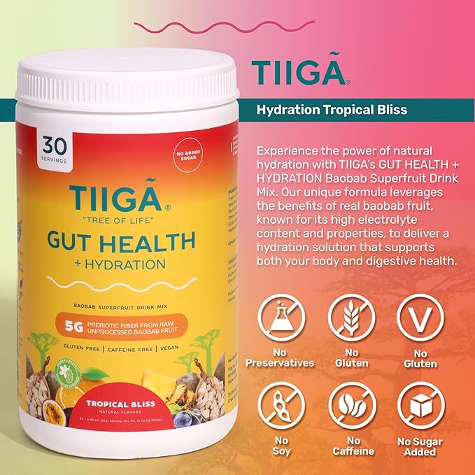 Tiiga 2-in-1 Gut Health + Hydration Drink Mix – Natural Debloat Formula with 75%+ Baobab & Coconut Water. High in Antioxidants, Prebiotics, Zero Added Sugar, Supports Digestion, Energy & Helps Debloat