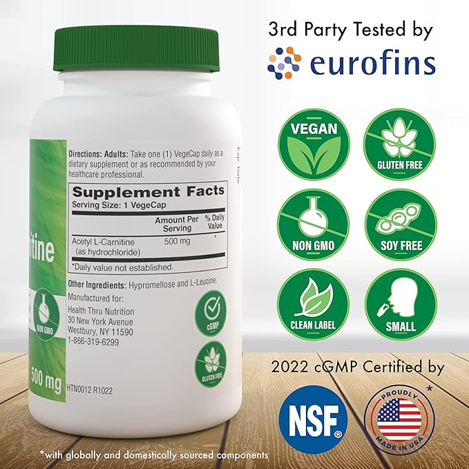 Health Thru Nutrition Acetyl L-Carnitine 500mg 200 Capsules | Supports Cognition & Mental Function | Memory & Attention | Non-GMO, 3rd Party Tested, Hypoallergenic, Gluten Free, Soy Free, Vegan
