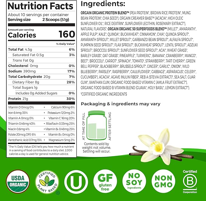 Orgain Organic Vegan Protein + 50 Superfoods Powder, Vanilla Bean - 21g Plant Based Protein, 8g Prebiotic Fiber, No Lactose Ingredients, Gluten Free, No Added Sugar, 1.12 lb (Packaging May Vary)