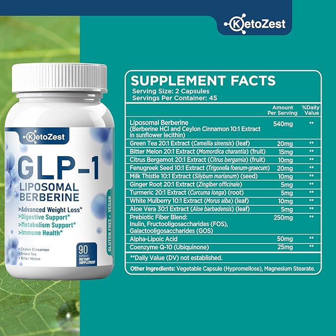 GLP-1 Weight Loss Supplement - 15-in-1 GLP1 Booster for Weight Management Appetite Suppressant Fat Burn for Women Men - with Liposomal Berberine HCl Bitter Melon Citrus Bergamot Fenugreek Seed