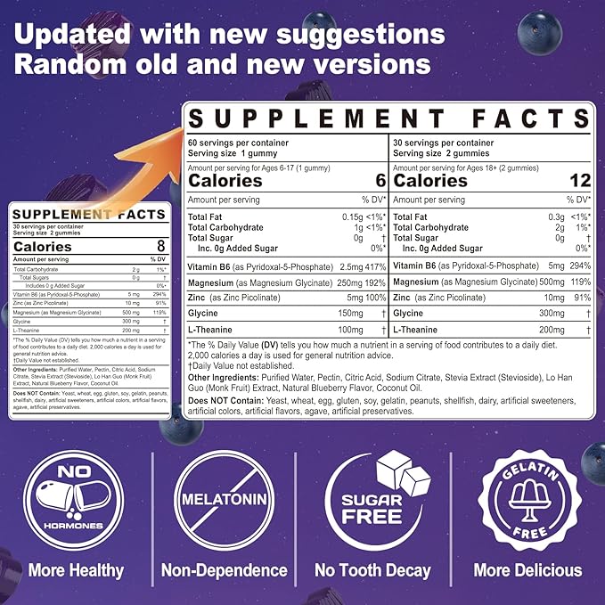Magnesium Glycinate Gummies 500mg for Adults Kids Teens(Made in USA), Sugar Free Magnesium Calm Sleep Aid Gummies with L-Theanine, B6, Zinc, Glycine for Sleep, Calm, Relax Brain, No Melatonin, 2 Pack