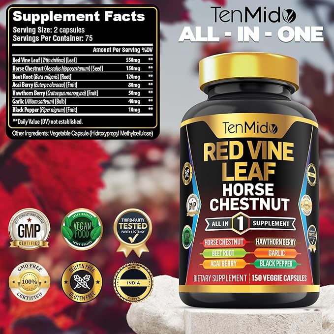 Red Vine Leaf Extract Supplement - 7in1 Formula - Combine with Horse Chestnut, Beet Root, Acai Berry, Hawthorn Berry, Garlic, and Black Pepper - 150 Capsules for 75 Days Supply