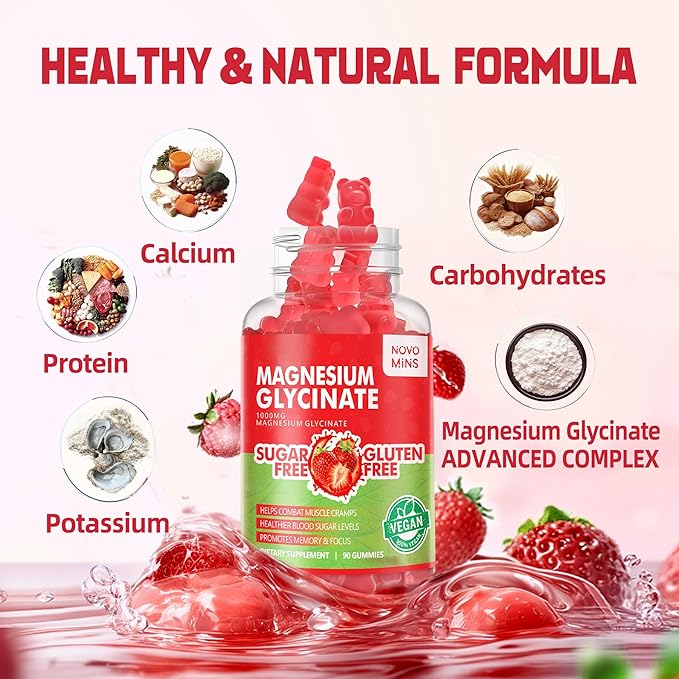 180 CT Magnesium Glycinate Gummies - Sugar Free Magnesium Potassium Supplement with Vitamin D, B6, CoQ10 for Calm Md Support - 180 Strawberry Gummies.