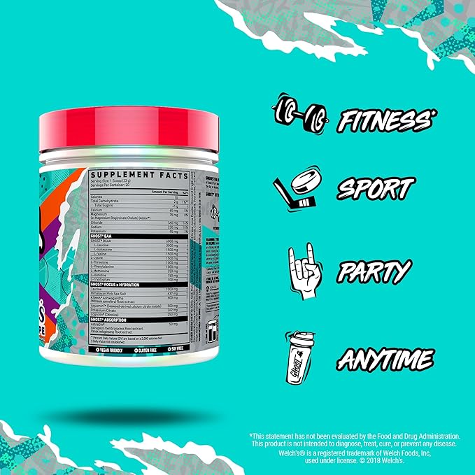 GHOST Intra Workout Powder, Welch's Grape - BCAAs &, EAAs, Nootropics & Hydration - Essential & Branch Chain Amino Acids Supports Muscle Recovery & Focus - Pre, Intra & Post Workout Powders
