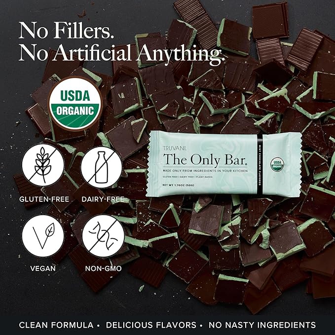 Truvani Plant Based Snack Bars | Chocolate Mint 4 Pack | 7g Protein | USDA Organic and Vegan | The Only Bar | Dairy, Soy, and Gluten Free | Individually Wrapped