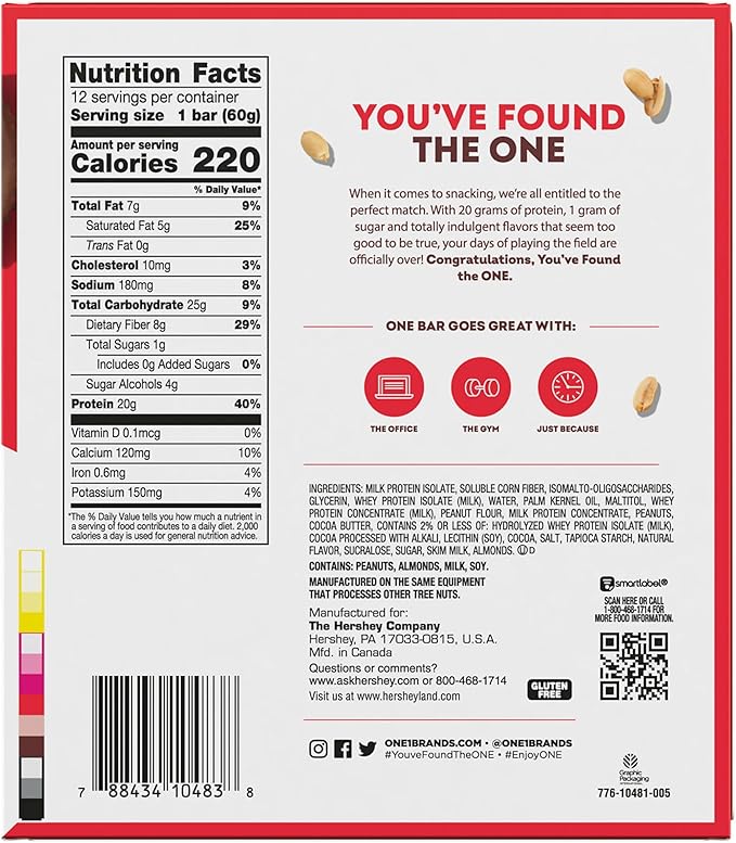 ONE Protein Bars, Peanut Butter Cup, Gluten Free with 20g Protein and 1g Sugar, Pantry Staples, 2.12 oz (12 Count)
