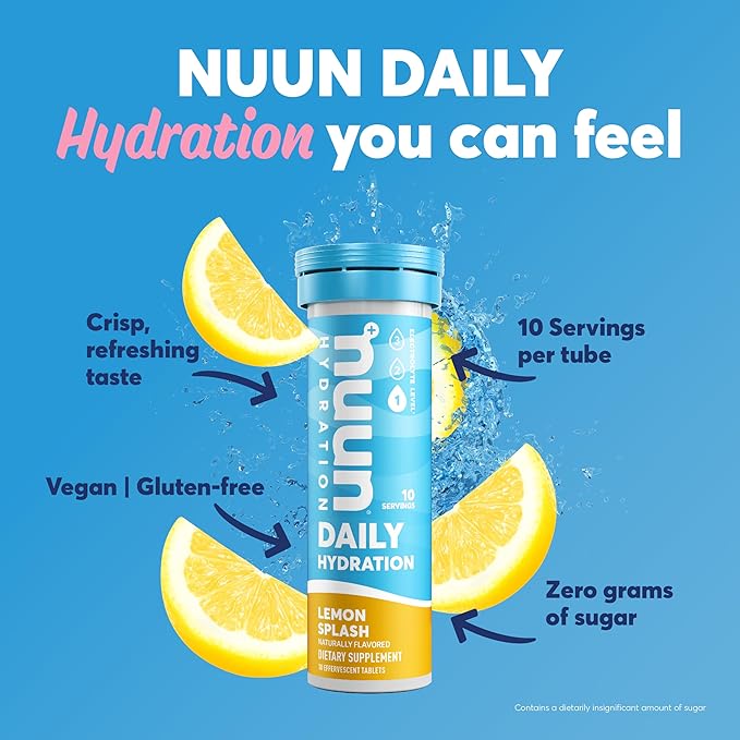 Nuun Daily Electrolyte Tablets with Magnesium, Calcium, Potassium, Chloride & Sodium, Gluten Free, Sugar Free, & Vegan, Lemon Splash Flavor, 8 Pack (80 Servings Total)