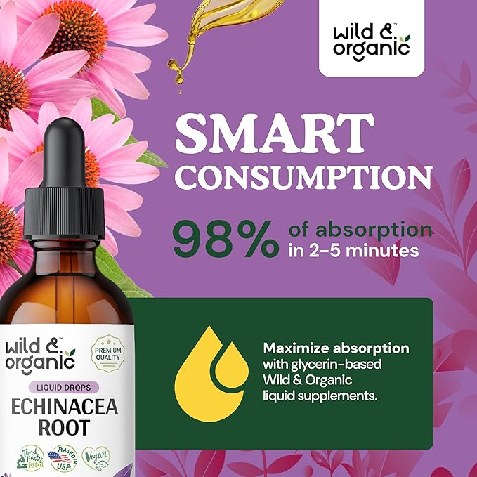 Wild & Organic Echinacea Tincture - Immune Support Drops with Liquid Echinacea Root Extract - Angustifolia Supplements - Vegan, Sugar & Alcohol-Free - 2 fl oz