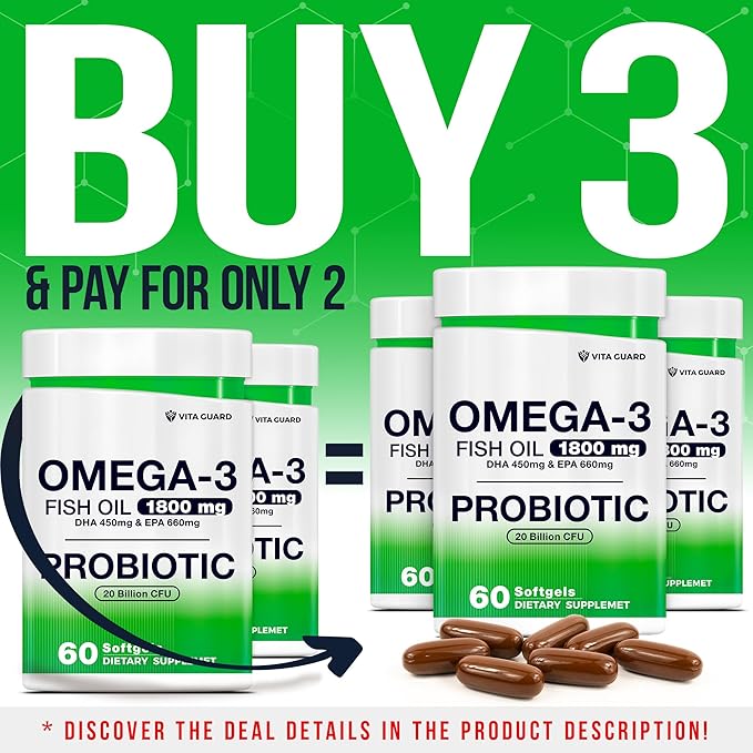 Omega-3 Fish Oil with Probiotics – 1800mg EPA & DHA for Heart, Brain & Gut Support – 20 Billion CFU, Inulin Fiber, Lemon-Flavored Burpless Softgels