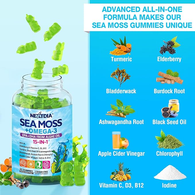 Sea Moss Gummies + Omega-3 Vegan for Man Women, Organic Irish Seamoss Supplement w/Ashwagandha, Turmeric, Elderberry, Vitamins D3, B12, C, Burdock Root, Bladderwrack, for Brain, Energy, Immunty, 60Cts