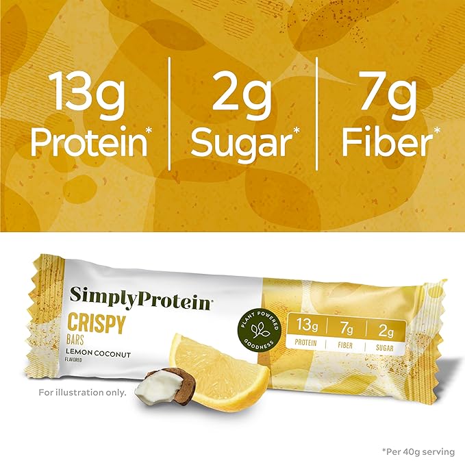 Simply Protein - Lemon Coconut Crispy Bars - Plant Based Protein Bars - Low Carb, Low Sugar, High Fiber - 13g Protein, 2g Sugar, 7g Fiber - Vegan, Gluten Free, Non GMO, Kosher - 4 Bars