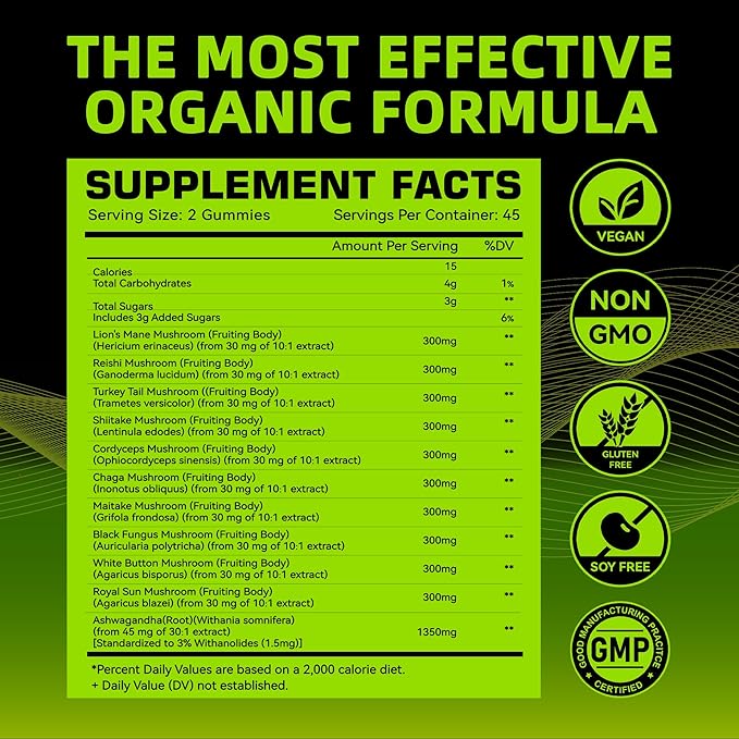 Mushroom Gummies - 10x Mushroom Supplement with Ashwagandha and Lions Mane (90 Chews) Nootropic Brain Supplement, Immune Support & Stress Relief-Fruit Flavor