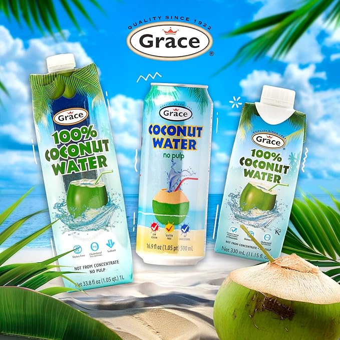 Grace Agua de Coco no Pulp 500ml - 2 Pack - Natural Coconut Water Low Sodium - Gluten Free - No Cholesterol