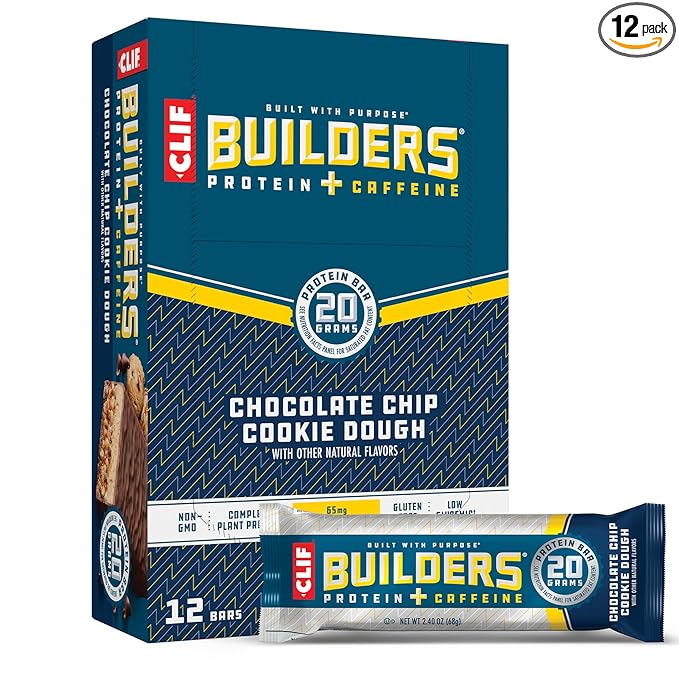 CLIF Builders + Caffeine - Chocolate Chip Cookie Dough Flavor - Plant Based Protein Bars - Gluten Free - Non-GMO - Low Glycemic - 20g Protein - 2.4 oz. (12 Count)