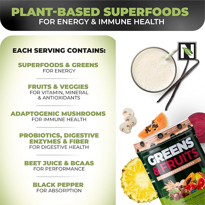 Nutrology Greens & Fruits Powder-Naturally Sourced Superfood, Beet Powder, Mushroom Blend, Probiotics, Digestive Enzymes, Fiber, Antioxidants, Immune Support, Gluten Free - Vanilla Cinnamon
