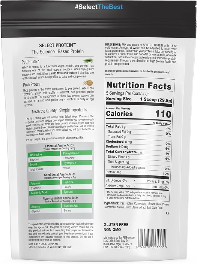 PEScience Select Vegan Plant Based Protein Powder, Vanilla, 5 Serving, Premium Pea and Brown Rice Blend