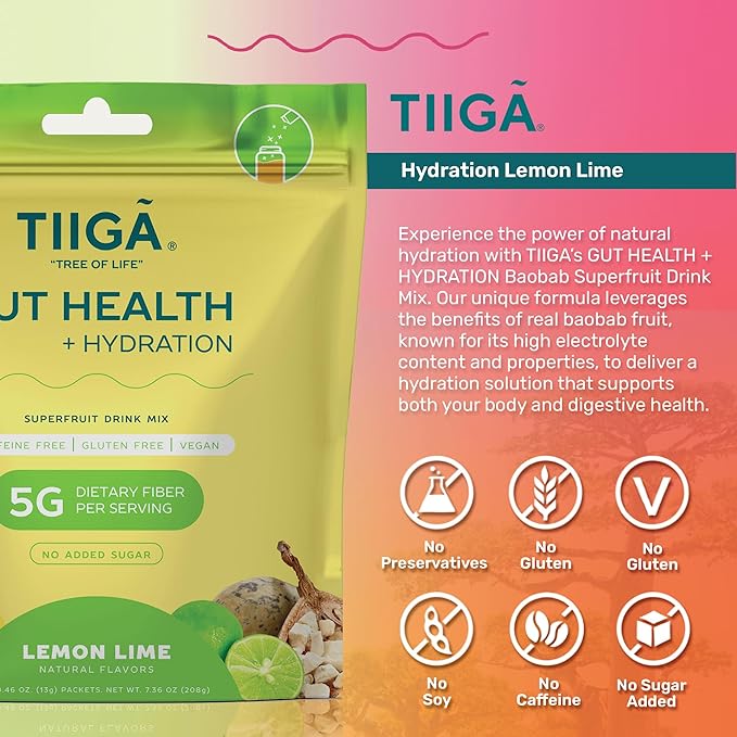 Tiiga 2-in-1 Gut Health + Hydration Drink Mix – Natural Debloat Formula with 75%+ Baobab & Coconut Water. High in Antioxidants, Prebiotics, Zero Added Sugar, Supports Digestion, Energy & Helps Debloat