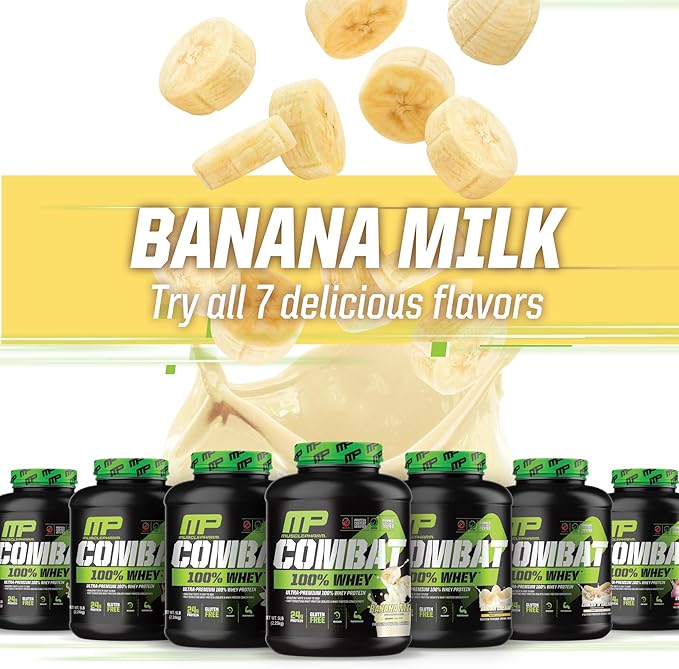 MusclePharm Combat 100% Whey Protein Powder, Banana Milk Flavor, Fast Recovery & Muscle Gain with Whey Protein Isolate, High Protein Powder for Women & Men, Gluten Free, 5 lb, 70 Servings