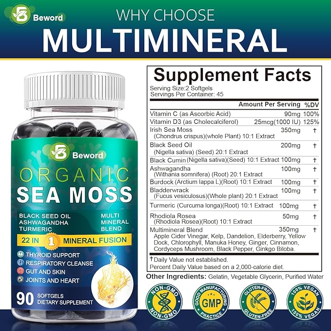 Organic Sea Moss Softgels, 90 Capsules - with Irish Sea Moss, Vitamin C, D3, Black Seed Oil, Ashwagandha, Turmeric, Bladderwrack, Burdock, Rhodiola Rosea - Immune, Skin & Energy Support, 1 Pack