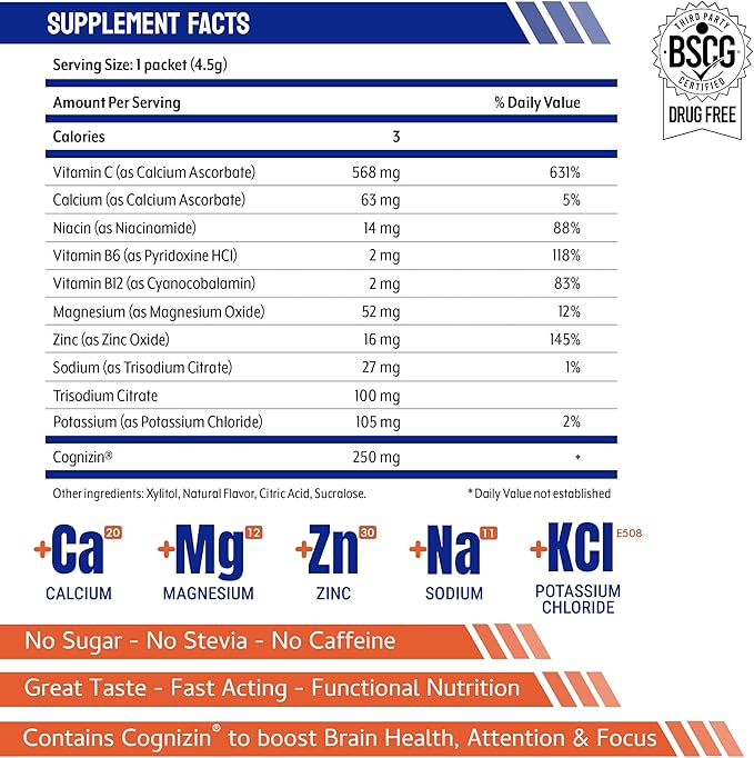 Electrolyte Powder Packets with Cognizin Take Without Water, Hydration Extending Supplement, No Sugar, No Stevia, No Caffeine, No Water Needed, Dissolves in Mouth, 14 Pack
