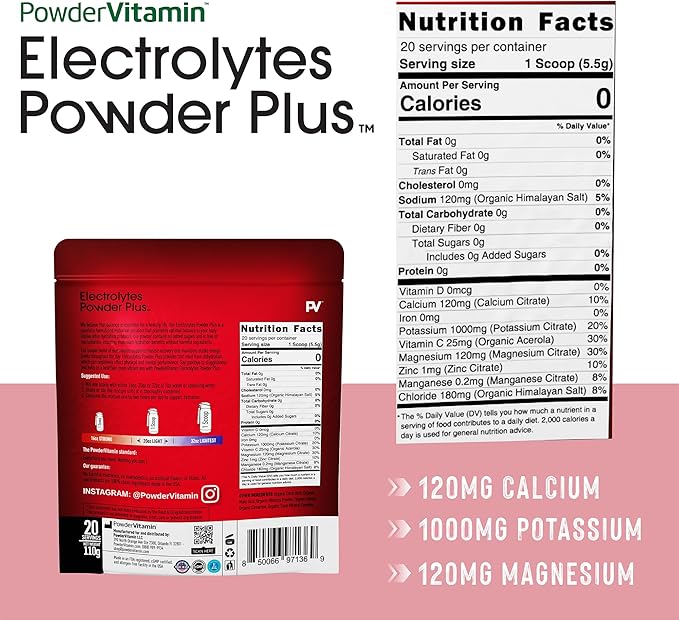 Electrolytes Powder Plus (20 Servings) Hibiscus Electrolyte Powder, No Maltodextrin, Keto,Sugar Free,Pink Himalayan Salt,1000mg Potassium,120mg Calcium,120mg Magnesium,Hydration Powder