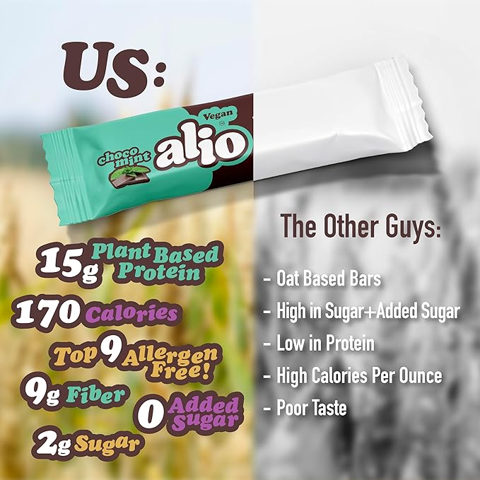 Alio: Choco Mint - Top 9 Allergen Free Protein Bar | High Protein | Nut Free | Low Calorie | Vegan | Gluten Free | non-GMO | Plant Based | Amazing Taste! 12 Bars in a Box!