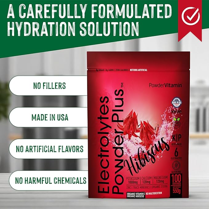 Electrolytes Powder Plus (100 Servings) Hibiscus Electrolyte Powder Zero Calorie Keto,0 Sugar, No Maltodextrin,1000mg Potassium,120mg Calcium,120mg Magnesium, Hydration Powder