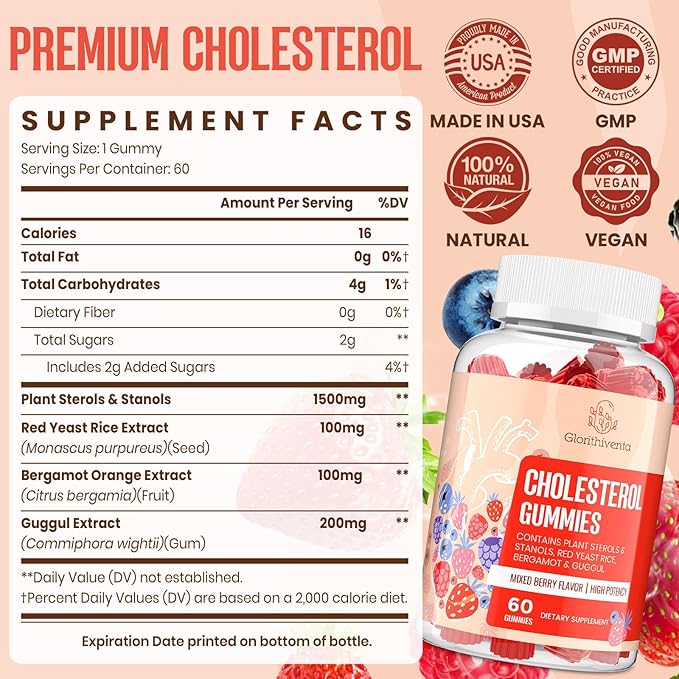 Cholesterol Supplement with Plant Sterols & Stanols, Guggul, Bergamot Orange Extract, Red Yeast Rice, Cholesterol Complex Gummies for Cholesterol Normal Level, Mixed Berry Flavor, 120 Counts