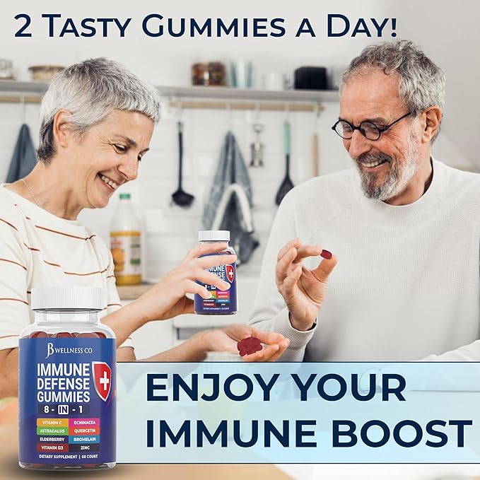 8 in 1 Immune Defense Booster Supplement Gummies with Astragalus Root, Vitamin C and Zinc, Vitamin D3, Elderberry and Quercetin (2 Pack)