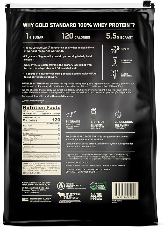 Optimum Nutrition Gold Standard 100% Whey Protein Powder, Double Rich Chocolate, 10 Pound (Packaging May Vary)
